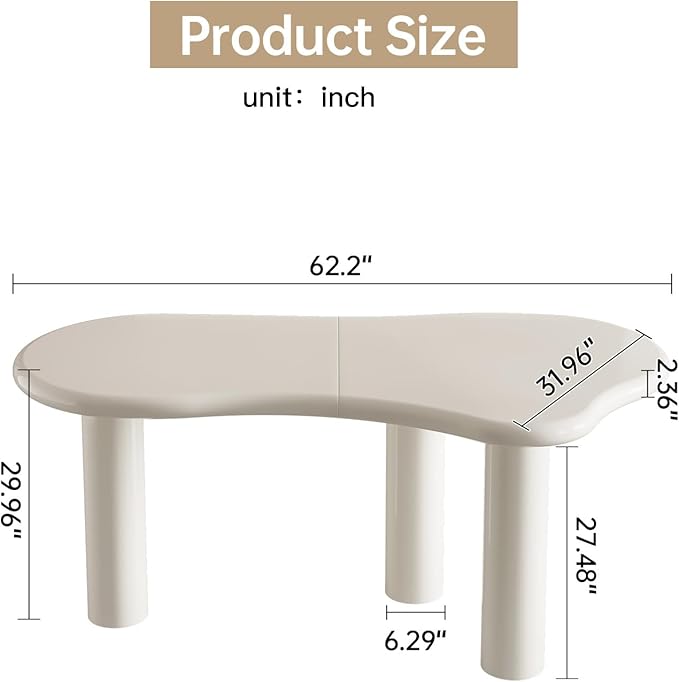 62.2 Home Office Desk Modern White Irregular Work Desk for Home Office Spacious Dining Table with Stable Support Legs for Kitchen Living Room Bedroom