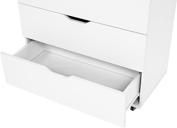 5 Drawer Wooden Storage Cabinet with Wheels Mobile Rolling File Cabinet Wood Dresser Chest for Home Office Bedroom or Living Room (White)