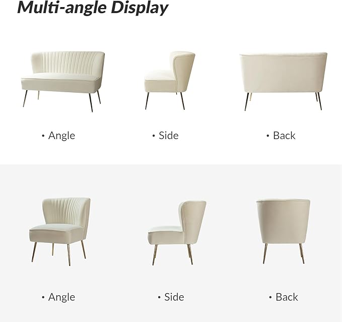 HULALA Home 3 Piece Velvet Living Room Furniture Set Modern Comfy Upholstered Chair Set with Golden Legs Include Loveseat &amp 2 Accent Chairs for Bedroom Ivory Tufted 2-Seater Sofa &amp Armless