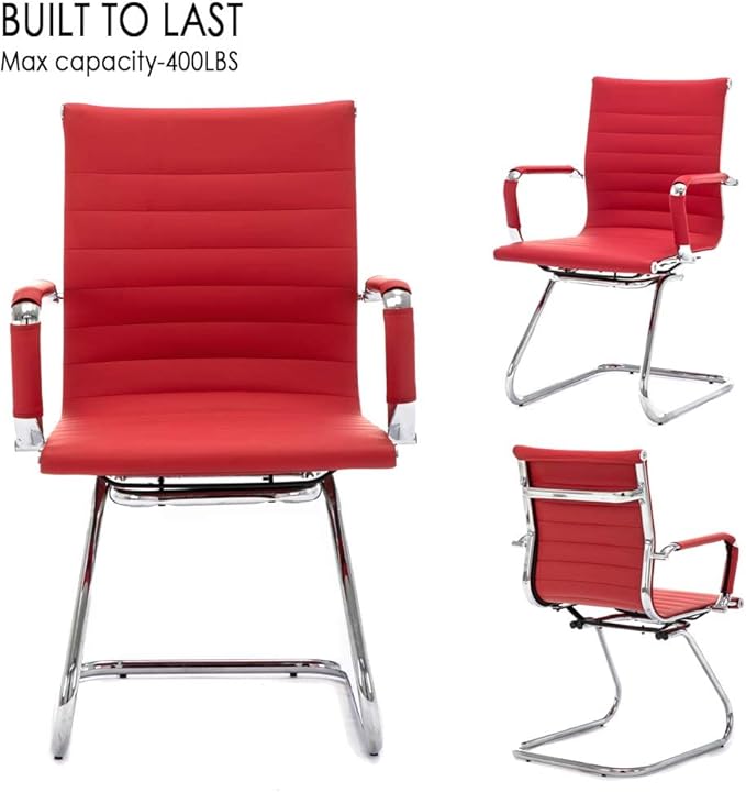 HNY Leather Office Guest Chairs &amp Reception Chairs Set of 4 Modern Waiting Room Chairs with Arms Desk Chair no Wheels with Sled Base for Waiting Room/Conference Room Burgundy