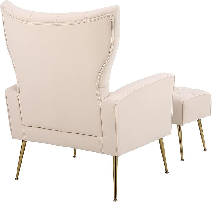 Velvet Accent Chair with Ottoman Modern Lounge Chair with Wing Backrest &amp Metal Legs Upholstered Single Leisure Sofa Chair Reading Chair for Living Room Bed Room Office (Beige)