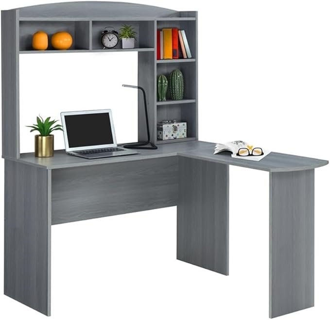Pemberly Row Modern L-Shaped Engineered Wood Computer Desk with Hutch Gray Finish 5-Shelf Design 60.25 in x 47.25 in x 49.25 in Corner Office or Home Office Desk with Storage
