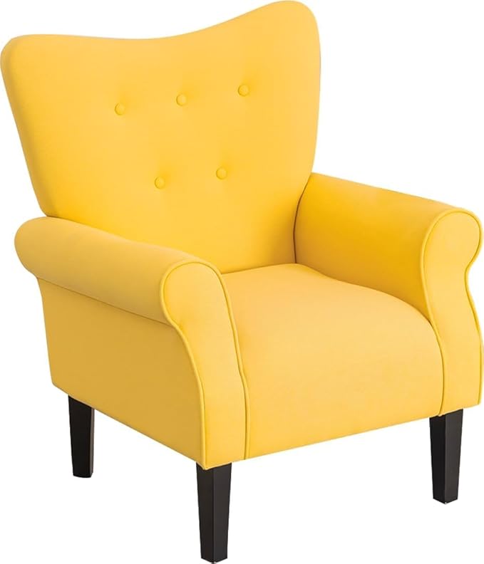 MELLCOM Mid Century Wingback Arm ChairModern Upholstered Fabric High Back Accent Chair with Wood LegsUpholstered Single Sofa Club Chair for Living Room Bedroom Home Office Yellow