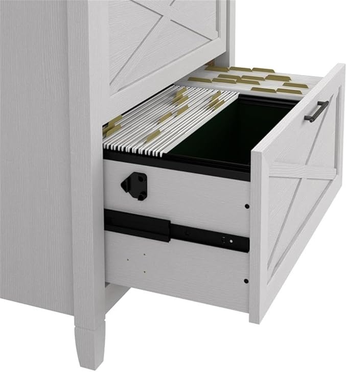Bush Furniture Key West 60W L Shaped Desk with 2 Drawer Lateral File Cabinet in Pure White Oak Large Corner Table and Document Storage for Home Office