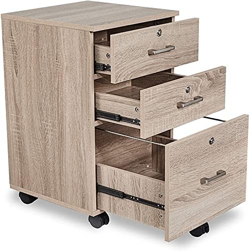 Unknown1 3-Drawer Rolling Wood File Cabinet with Lock Natural Modern Contemporary Mobile