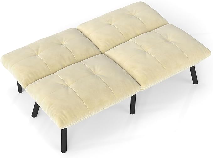 Sofa Bed with Chaise Modern Convertible Sleeper Sectional Loveseat Velvet Futon Couch with Tufted Back and Metal Legs for Small Space Apartment (Cream)
