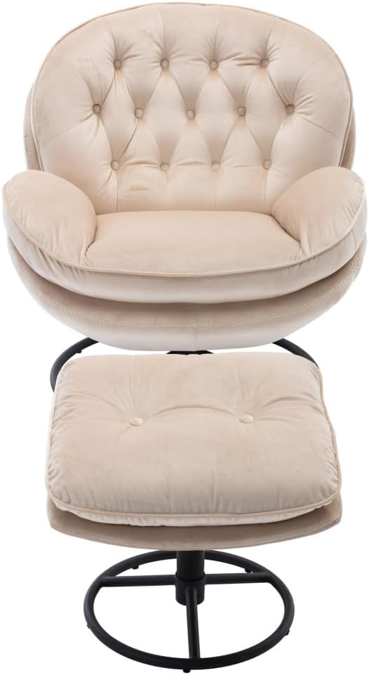 Swivel Accent Chair with Ottoman Velvet Lounge Chair Comfy Living Room Chair Lazy Sofa for BedroomApartment Reading RoomBeige