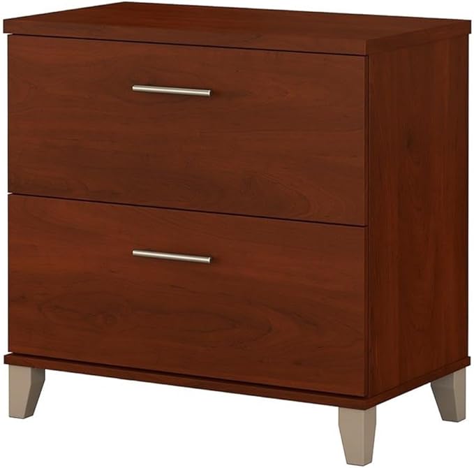 Pemberly Row Lateral File Cabinet 2 Drawer Hansen Cherry Finish Engineered Wood Construction Full-Extension Ball Bearing Slides Tapered Leg Accents Office Storage for Letter or Legal Files