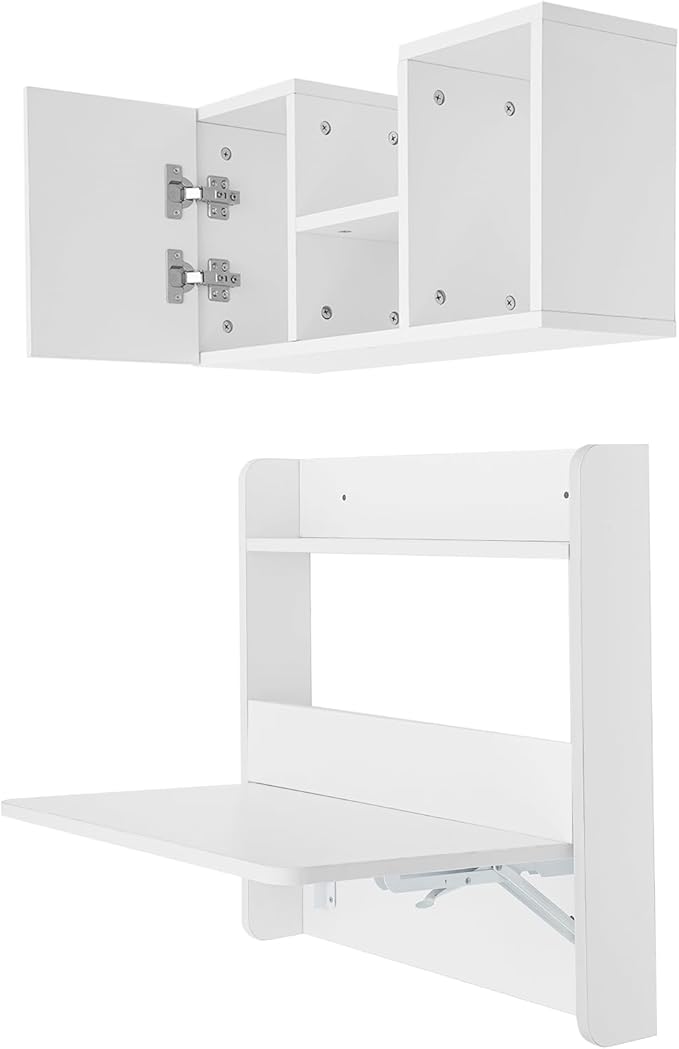 Wall Mounted Desk Fold Down Laptop Computer Table Floating Desk with Storage Compartments for Home Office Study Space Saving (White)