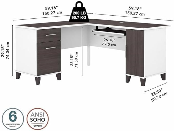 Pemberly Row 60W L Shaped Desk Engineered Wood White &amp Storm Gray Finish Corner Desk with Storage Pull-Out Tray Adjustable Shelf File Drawer Home Office Computer Desk