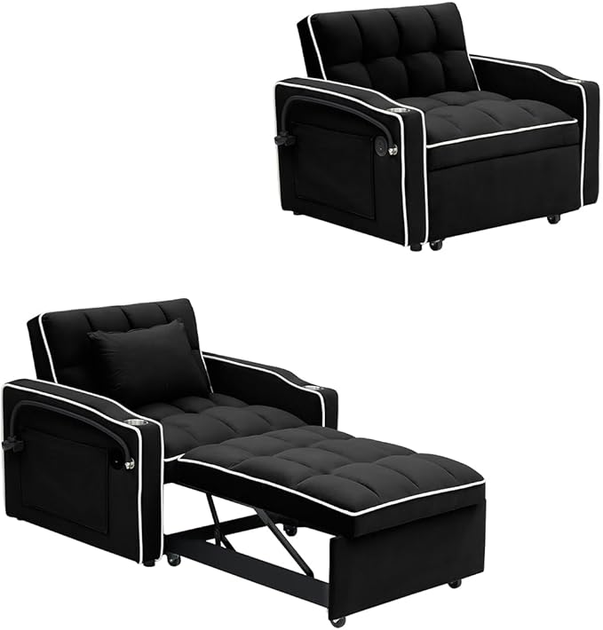 3 in 1 Convertible Sleeper Chair Modern Pull Out Couch Bed Single Recliner with Adjustable Back Velvet Futon Folding Sofa Bed Chair for Living Room Bedroom Small Spaces (Black-2)