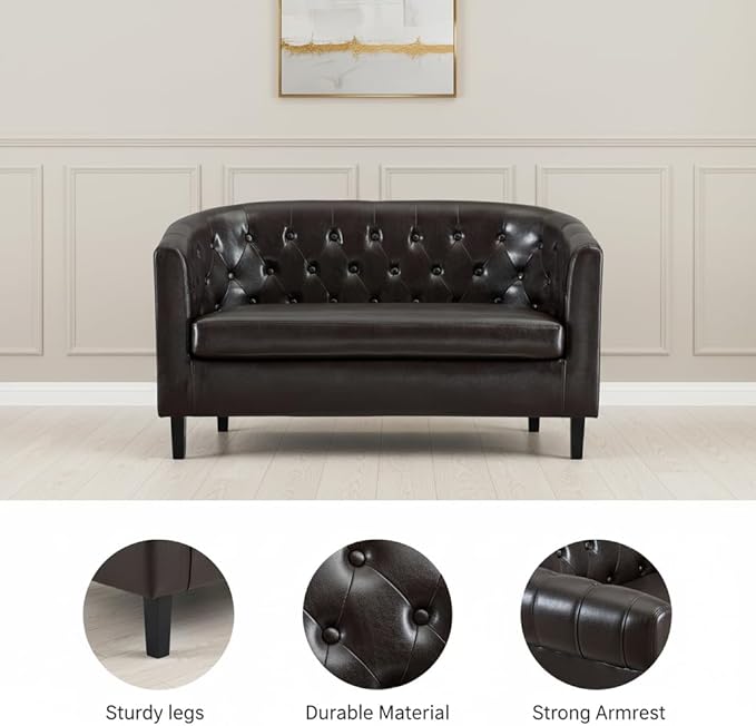Naomi Home Barrel Love Seat Button Tufted Faux Leather Loveseat Sofas Faux Leather couches Small Loveseats for Small Spaces Bedrooms Love Seat Couches for Living Room - Espresso