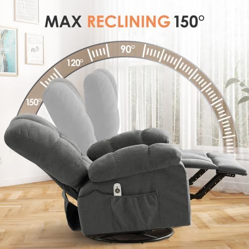 Oversized Recliner Chair for Adults w/ 8-Point 3D Kneading Massage and Lumbar Heating Swivel Rocker Recliner w/USB Charge Port for Living Room Ergonomic Lazy Boy Single Sofa Chair (Gray New)