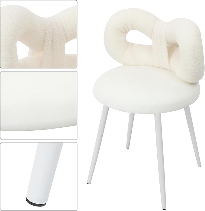 Vanity Chair with Cute Bow Backrest Creamy White Make-up Chair Bedroom Vanity Stool Armless Dressing Chair Small Upholstered Accent Chair Desk Chair for Makeup/Reading/Living Room Girls Women Kids