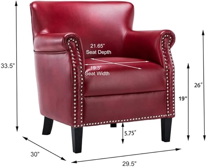 Pemberly Row Red Faux Leather Club Chair Nailhead Trim Upholstered Leather Gel Solid Wood Legs No Sag Springs 2.2 Density Foam Living Room Accent Chair Comfortable Indoor Seating