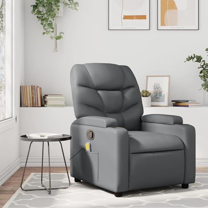 vidaXL Massage Recliner Chair - Gray Faux Leather Manual Reclining 6-Point Vibration Cup Holders Living Room Seating