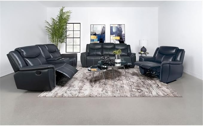 Pemberly Row Faux Leather Upholstered Motion Recliner Chair Blue Manual Recline Wall Hugger Design Pocket Coil Spring Seat 40.25 H x 55 W x 39.25 D Comfortable Foam Cushions for Living Room