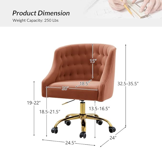 Velvet Office Chair with Gold Base Modern Cute Desk Chair Comfortable Adjustable Swivel Task Chair for Home Office Living Room Bedroom Vanity Study Coral