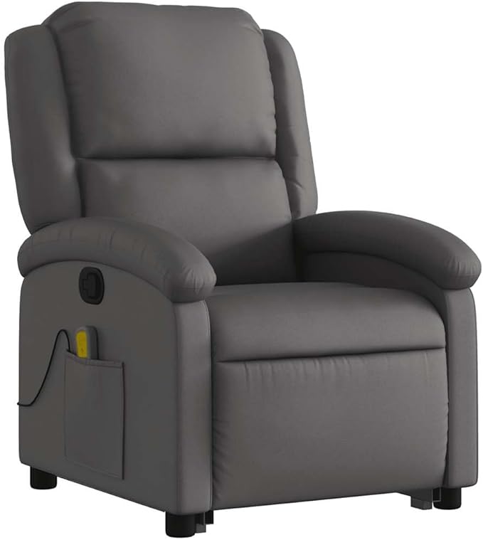 vidaXL Gray Real Leather Power Lift Massage Recliner - Electric Motor Stand-Up Armchair Manual Tilt Vibration Massage Foam Padded
