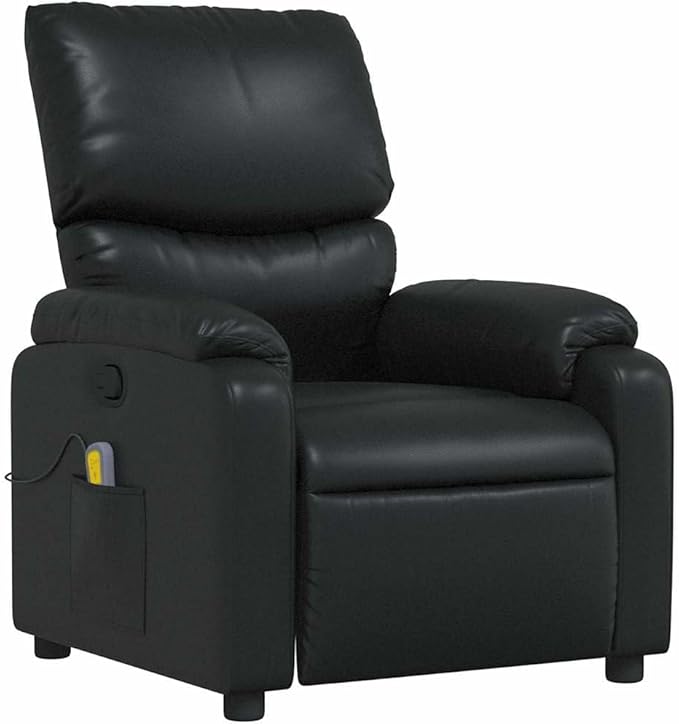 vidaXL Leather Massage Recliner Chair for Living Room Home Theater 6-Point Vibration Massage Adjustable Back &amp Footrest Side Pocket Black