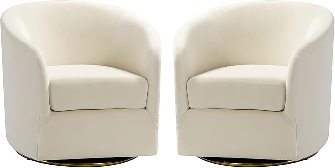 HULALA HOME Swivel Accent Chair with Gold Metal Base Set of 2 Contemporary Velvet Curved Swivel Barrel Chair Upholstered Club Armchair Leisure Single Sofa for Living Room Nursery Bedroom(Ivory)