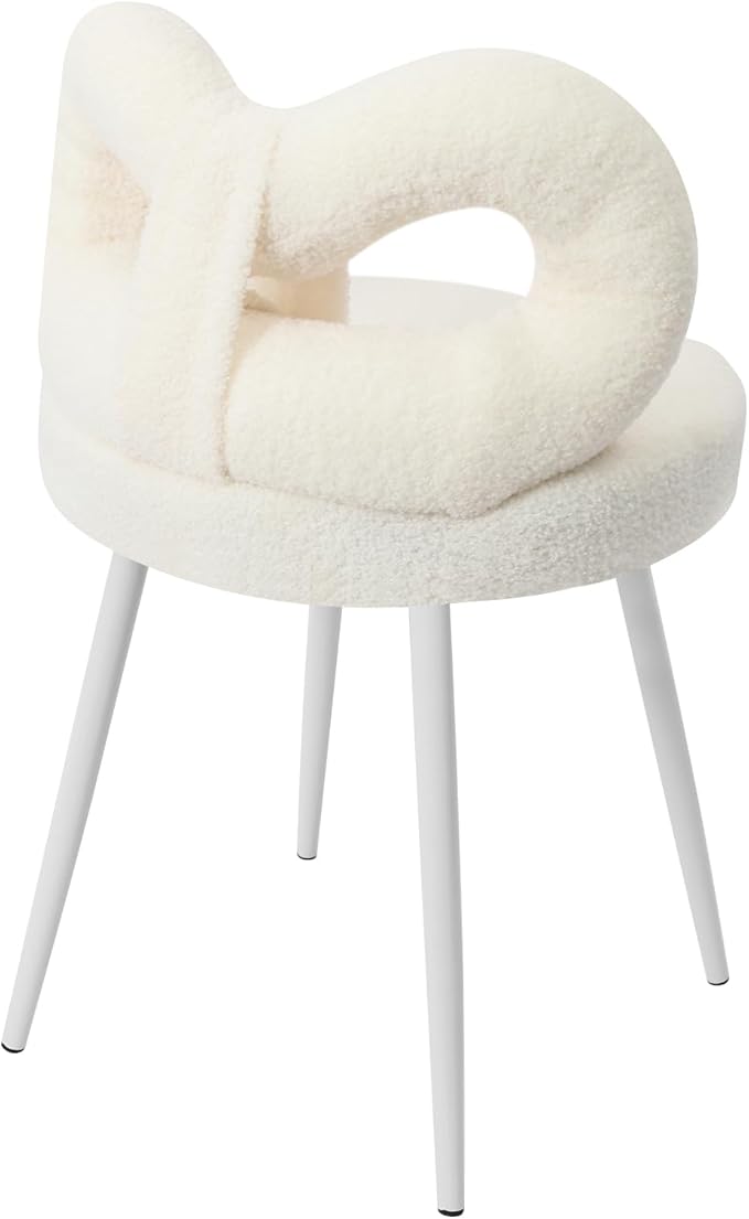 Girls Desk Chair | No Wheels Make up Vanity Chair w/Cute Bow Backrest Comfy Lambswool Fabric Makeup Chair for Bedroom Living Room Upholstered Accent Chair Desk Chair Stool for Girls (White)