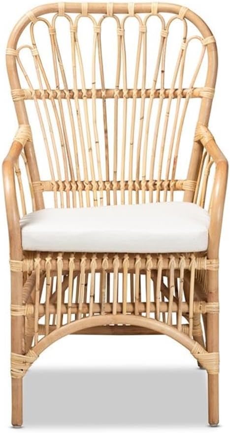 BOWERY HILL Modern Rattan Fabric Armchair 39.5 H x 24 W x 22 D Natural Beige Finish Foam-Padded Removable Cushion Spindle Design Handmade Accent Chair for Living Room or Bedroom