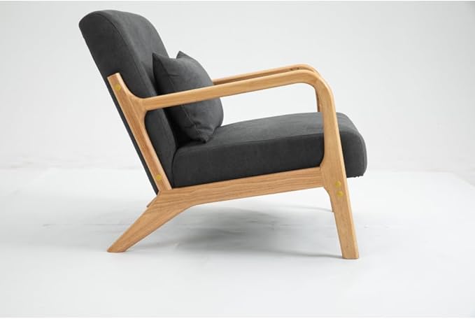 Mid Century Modern Accent Chair with Wood Frame Upholstered Living Room Chairs with Waist Cushion Reading Armchair for Bedroom Sunroom (Grey + Velvet + Cotton)