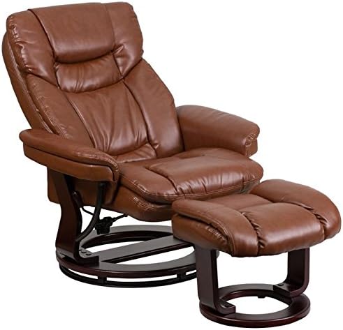 Pemberly Row Leather Recliner Chair 41.25 H x 33 W x 34-44.5 D Vintage Brown Finish Mahogany Wood Base Swivel Seat Plush Upholstered Arms Lever Adjusting Recliner for Home or Office Lounge