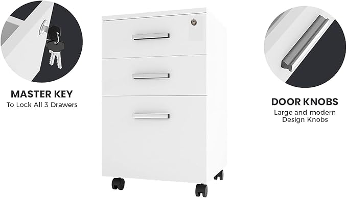 Rolling File Cabinet with Lock 360° Swivel Casters &amp 3 Deep Drawers Spacious Desktop Office Bookcase Metal Storage Organizer for Documents Books or Supplies (White)