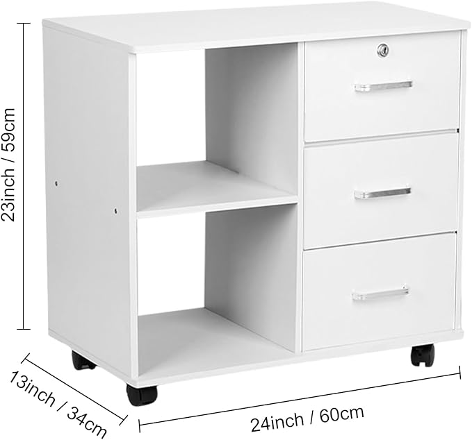File Cabinet3 Drawers Mobile Lateral Filing Cabinet with LockPrinter Stand with Open Storage Shelves for Home Office