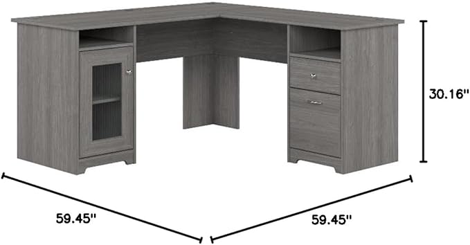 BOWERY HILL Traditional 60W L Shaped Computer Desk Modern Gray Finish Durable 200 lb Capacity Desktop Fluted Glass Door with Adjustable Shelf File and Box Drawers Home Office Desk with Storage