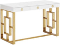 Best Master Furniture Barento 47 White Gloss Rectangular Computer Desk with 3 Drawers and Ring Handles Stainless Steel Sled Base Contemporary Office Desk for Home Study or Workspace (Gold)