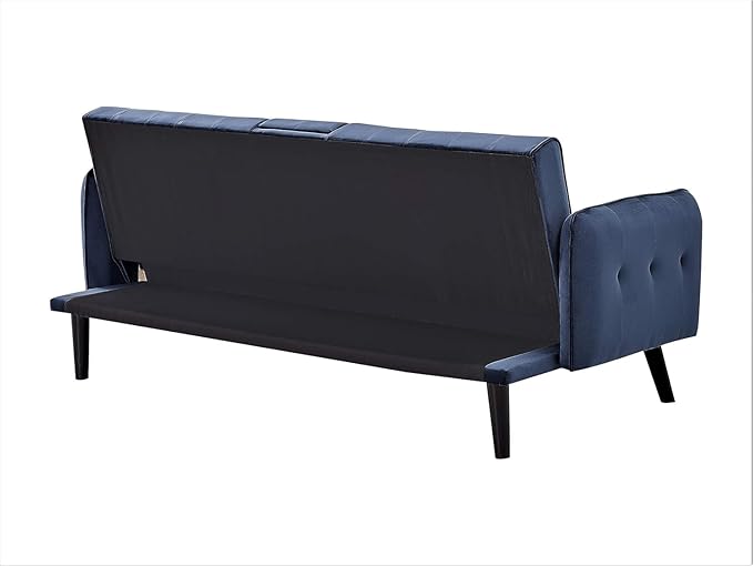 Container Furniture Direct 72 Velvet Convertible Sofa Bed with Cup Holders Tufted Folding Futon Sleeper Couch Mid-Century Modern 3 Seater for Small Spaces 72 L x 34.6 D x 31 H Dark Blue