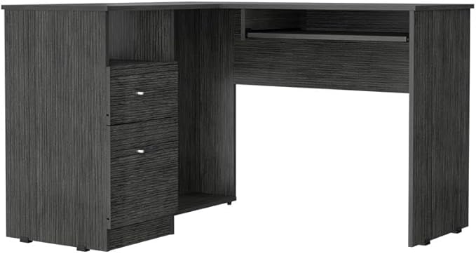 L-Shaped Corner Desk with Keyboard Shelf Smokey Oak Gray - Compact Home Office Workspace