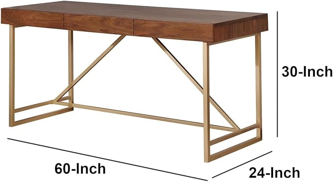 Maykoosh Modern Writing Desk with Drawers - Rustic Wooden Desk Stylish Home Office Furniture Walnut Brown &amp Gold Finish