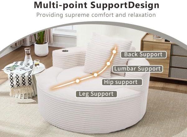 55 White Oversized Round Boneless Couch Sofa Velvet Memory Foam Cloud Couches Lounge Chair Comfy Fluffy Single Sofa with 3 Pillows for Living Room Bedroom No Assembly Required (White .)