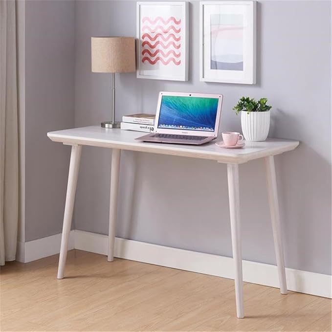 Pemberly Row Mid-Century Wood Writing Desk 47 W x 23 D x 30 H White Oak Finish MDF and Particle Board with Solid Wood Legs Beveled Table Edge Home Office Desk with USB Ports and Outlet
