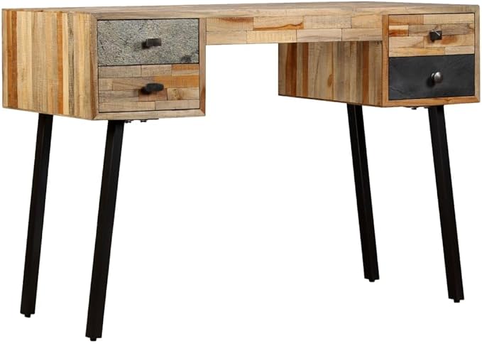 Vintage-Style Writing Computer Desk with 4 Drawers and Metal Legs Home Office Desk Writing Study Table PC Desk Workstation for Bedroom Solid Reclaimed Teak 43.3x19.6x29.9