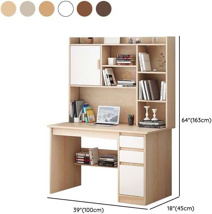 LITFAD Modern Computer Desk Work from Home Desk with Hutch Bookcase and Integrated Cable Management Rectangular Wood Office Desk 3 Drawers 39.4 L x 17.7 W x 64.2 H Black Oak
