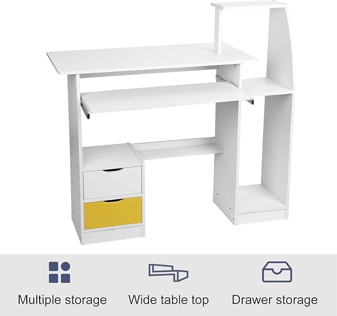 Computer Desk with 3 Hutch Shelves Room Desk for Bedroom Study Table with Keyboard Tray and 2 Drawers Desk for Bedroom Daily Home Office Desks Gaming Desk with Wide Desktop White
