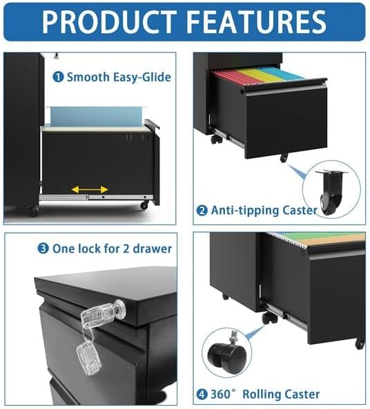 Black 2 Drawer Metal Mobile File Cabinet File Cabinet on Wheels for Letter/Legal/A4 File Under Desk Metal Rolling File Cabinets for Home OfficeMobile Filing Cabinet