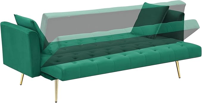 71 Modern Velvet Sofa Bed Futon Convertible Sleeper Couch with Adjustable Backrest Tufted Recliner Loveseat with Golden Chrome Legs &amp 2 Pillows for Small Spaces Living Room Apartment (Green)