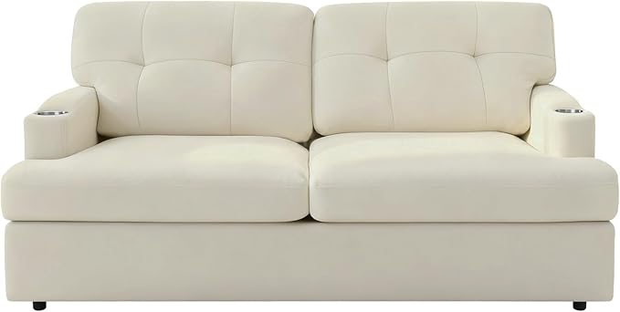 65.5 Chenille Modern Sofa with Cup Holder Tufted Upholstered Couch with Thickened Cushions Comfy 3 Seater Sofa with Deeper Seat for Living Room ApartmentBeige