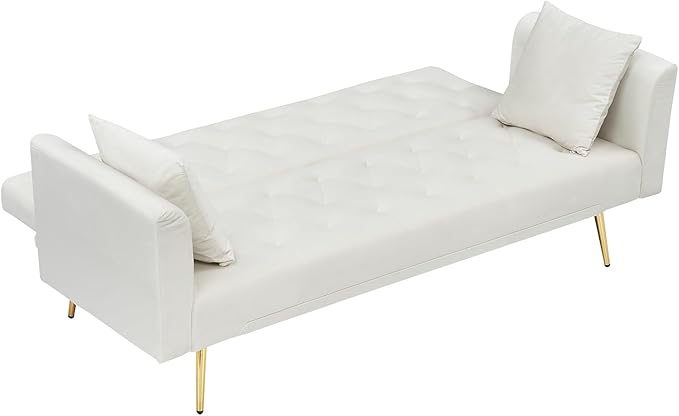 71 Modern Velvet Sofa Bed Futon Convertible Sleeper Couch with Adjustable Backrest Tufted Recliner Loveseat with Golden Chrome Legs &amp 2 Pillows for Small Spaces Living Room Apartment (Beige)