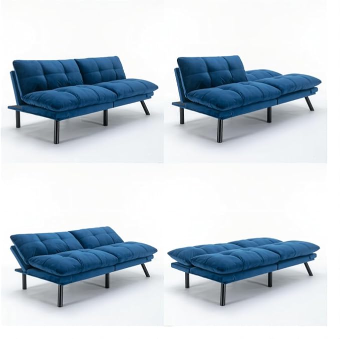 LLS 70.87 Velvet Futon Sofa Bed Modern Convertible Sleeper Sofa Couch with Adjustable Backrest and Armrests Tufted Loveseat Sofa with Metal Legs for Living Room Bedroom Apartment Navy Blue