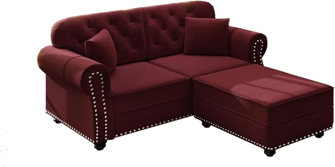 63 Compact Velvet Sofa with Ottoman Mid-Century Modern Tufted Couch with Nailhead Trim &amp Rolled Arms Includes 2 Decorative Pillows Burgundy Upholstered Seating for Living Room
