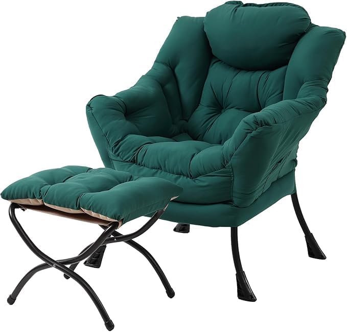 Tiita Lazy Chair with Ottoman Green Modern Large Accent Chair Comfy Leisure Sofa Armchair with Ottoman Reading Chair with Footrest for Bedroom Living Room Dorm Rooms Green