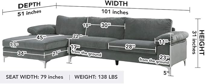 Casa Andrea Milano LLC Modern Large Velvet Fabric Sectional Sofa L-Shape Couch with Extra Wide Chaise Lounge Grey