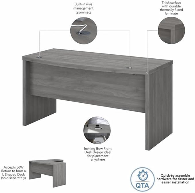 Bush Business Furniture Bow Front Desk with Wire Management | Echo Collection Office Computer Table for Home Office with Quick-to-Assemble Hardware | 60Wx28Lx30H